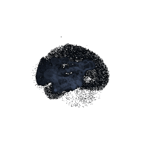 A 3D rendering of a brain visualization. Neurons (glowing dots) are placed in anatomical regions; synaptic pathways pulse between them as the brain rotates.